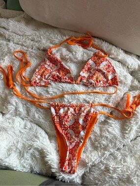 Orange Printed Triangle  Bikini Set small like new